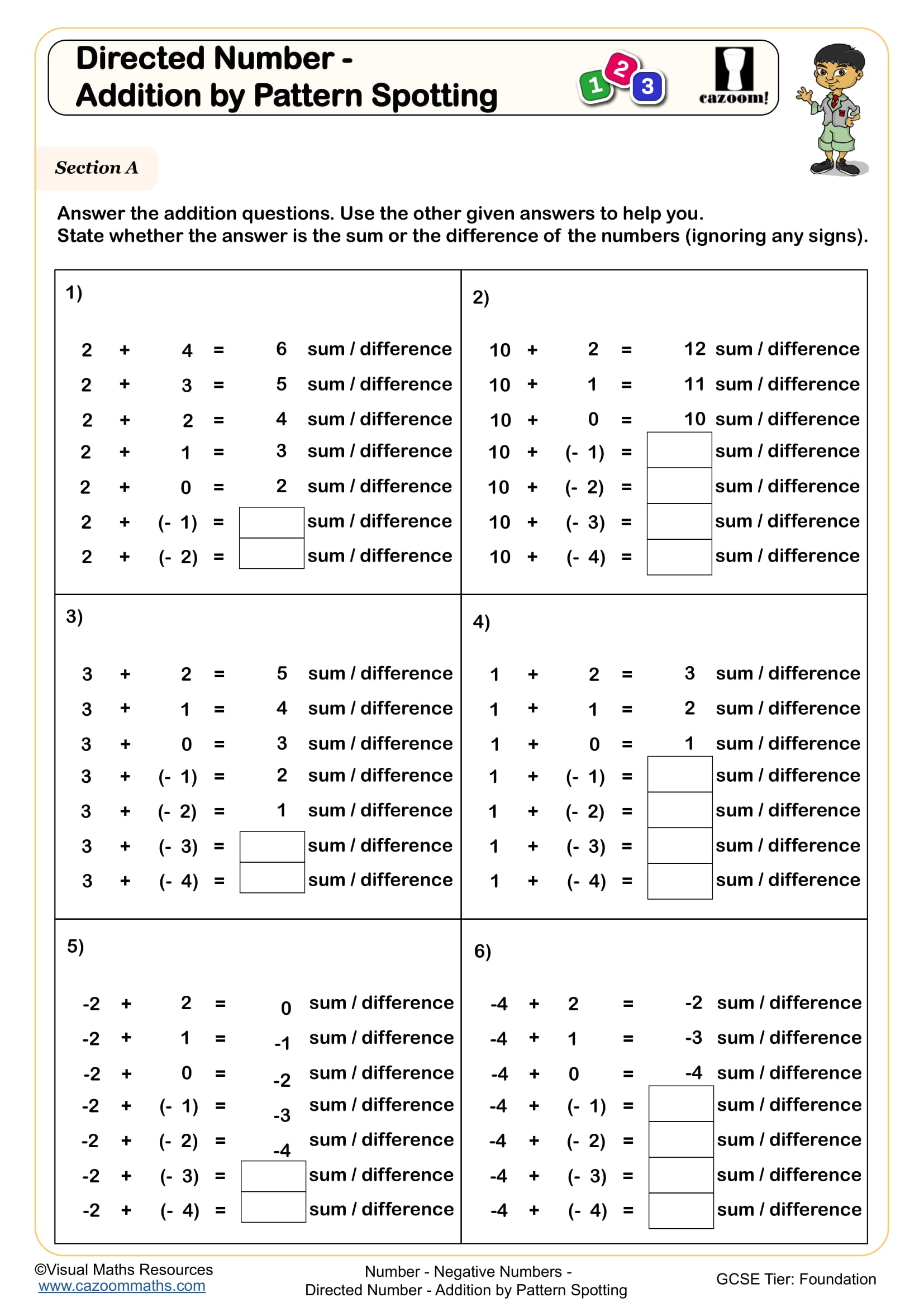 Directed Number ā Addition by Pattern Spotting worksheet
