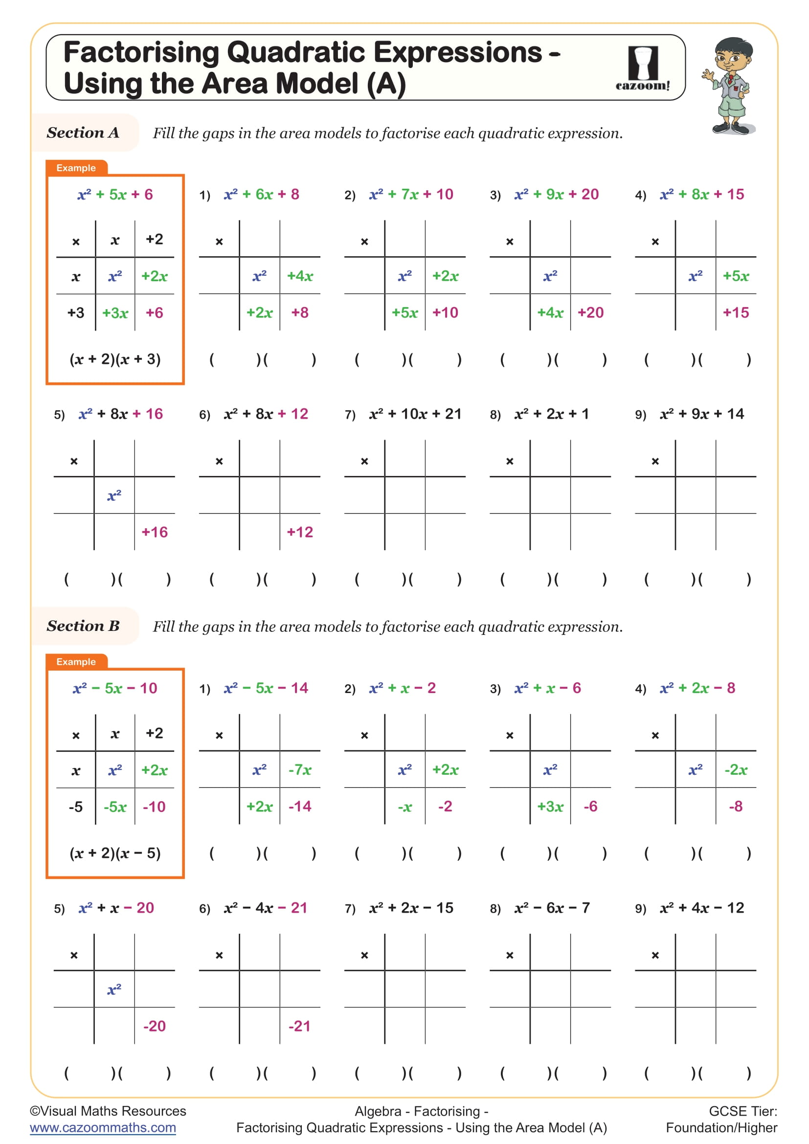 Factorising Quadratic Expressions - Using the Area Model (A) worksheet