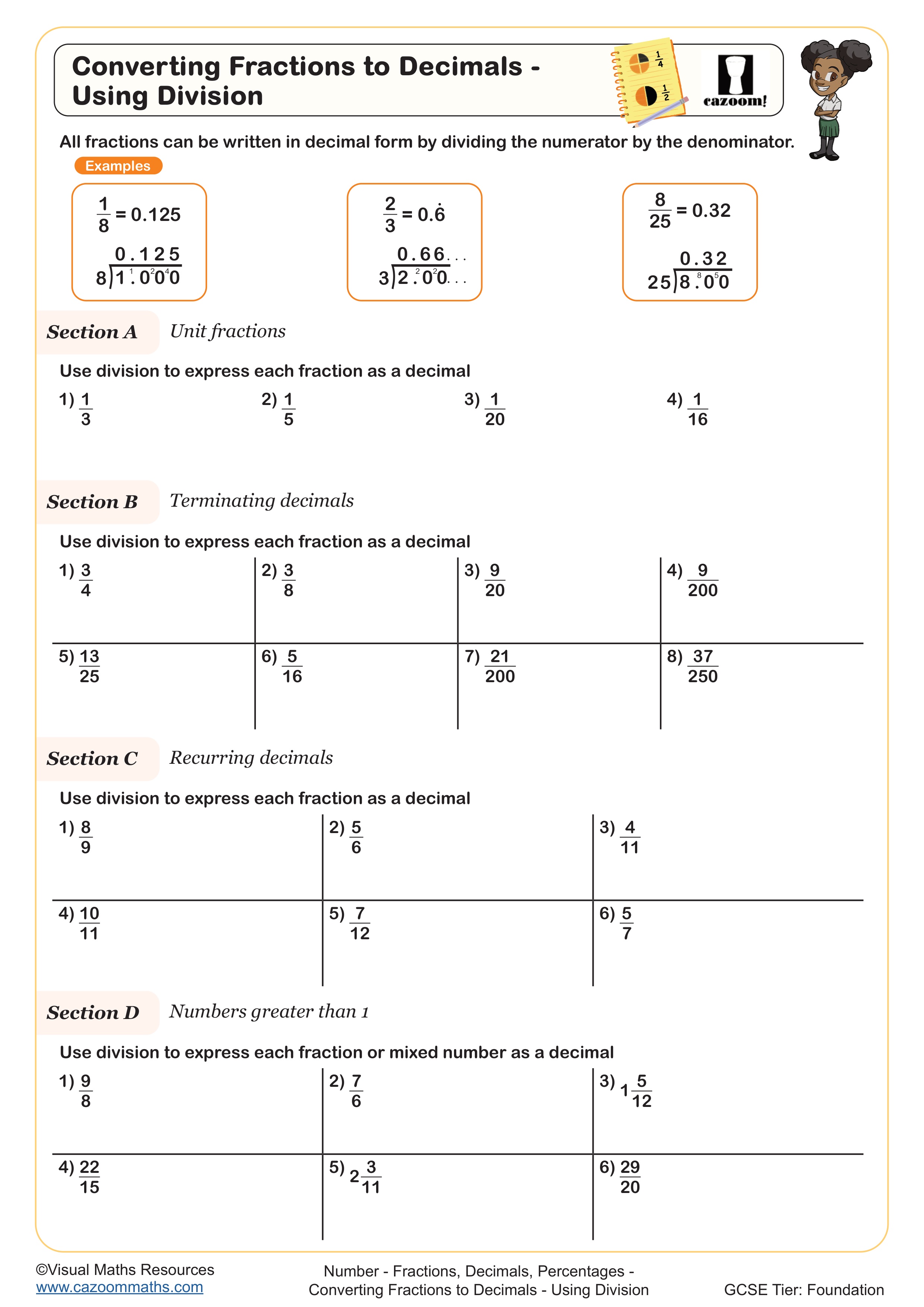 Preview of Converting Fractions to Decimals - Using Division