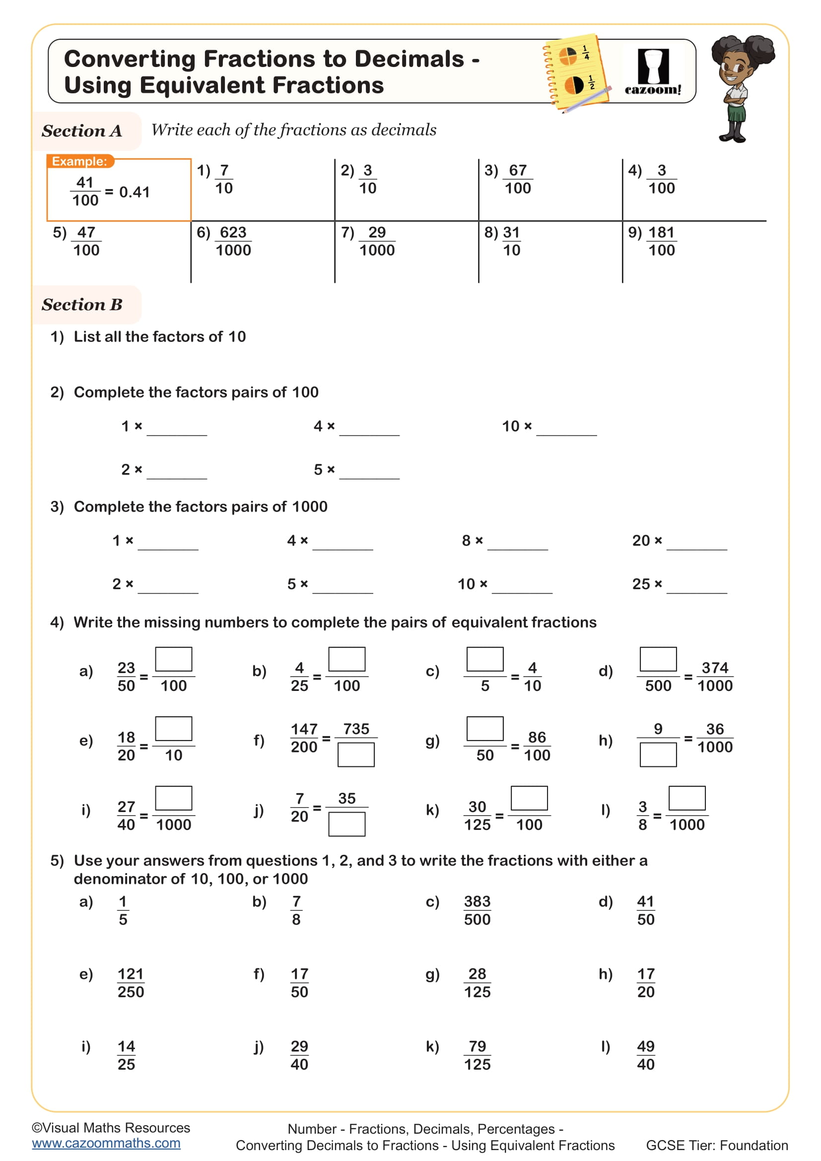 Preview of Converting Fractions to Decimals - Using Equivalent Fractions