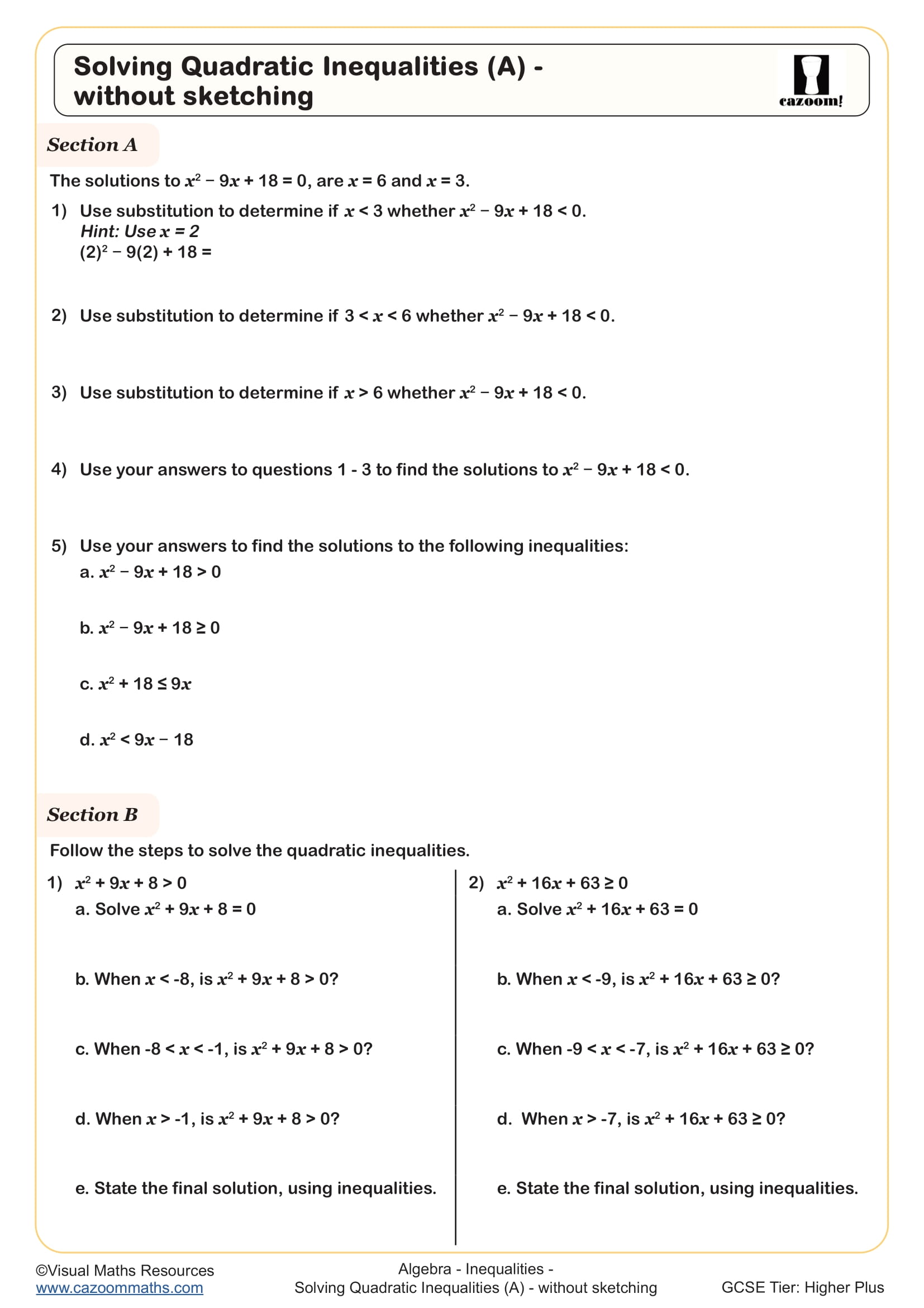 Preview of Solving Quadratic Inequalities (A) - without sketching