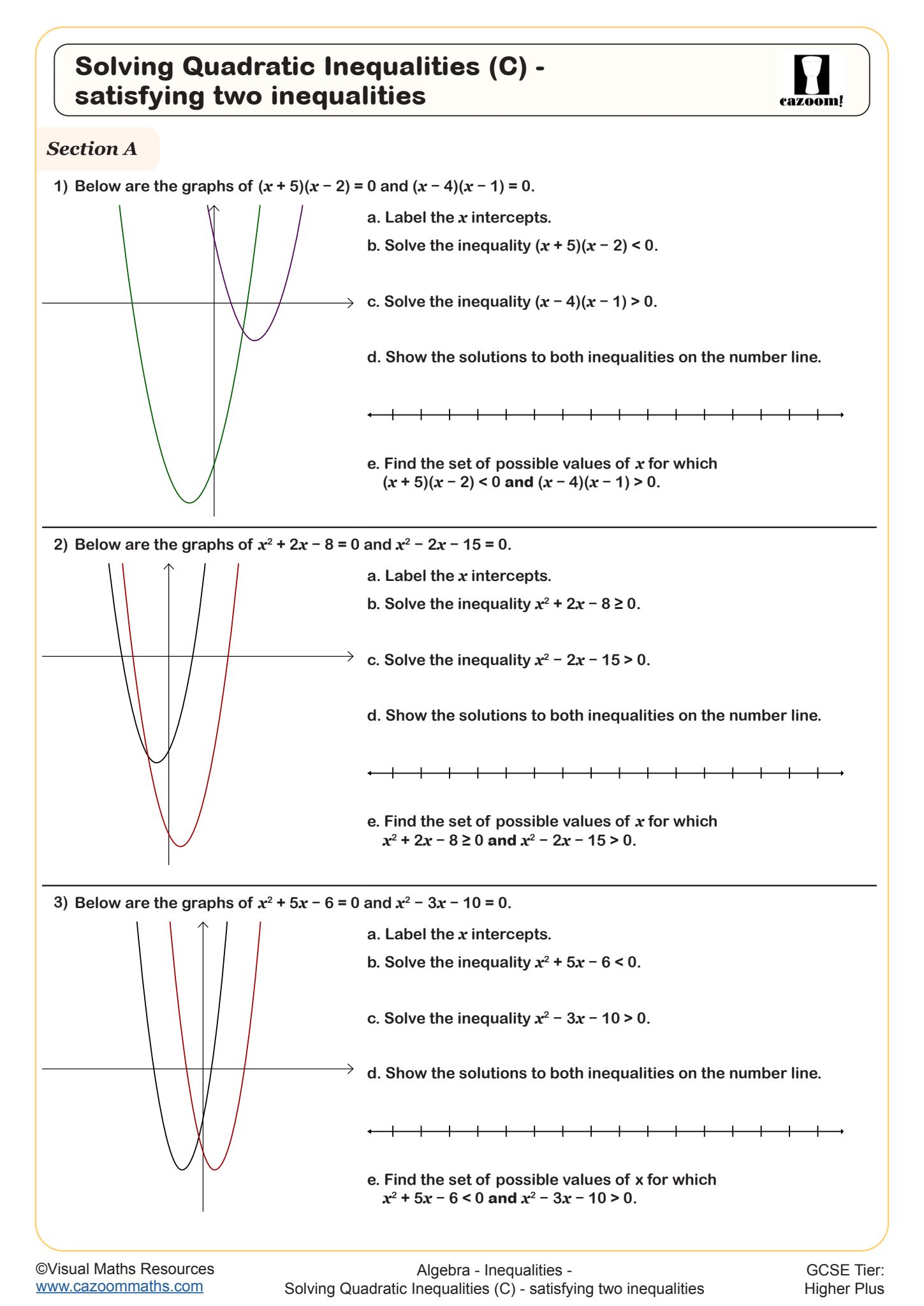 Solving Quadratic Inequalities (C) - satisfying two inequalities worksheet
