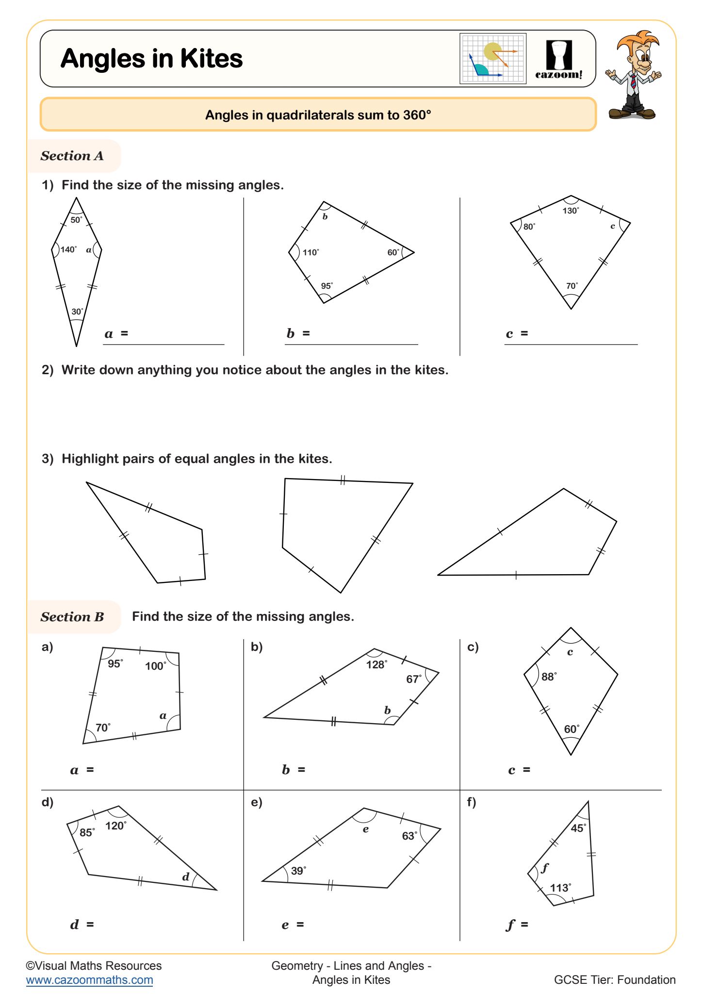 Angles in Kites Worksheet | Fun and Engaging Year 7 and Year 8 Geometry ...