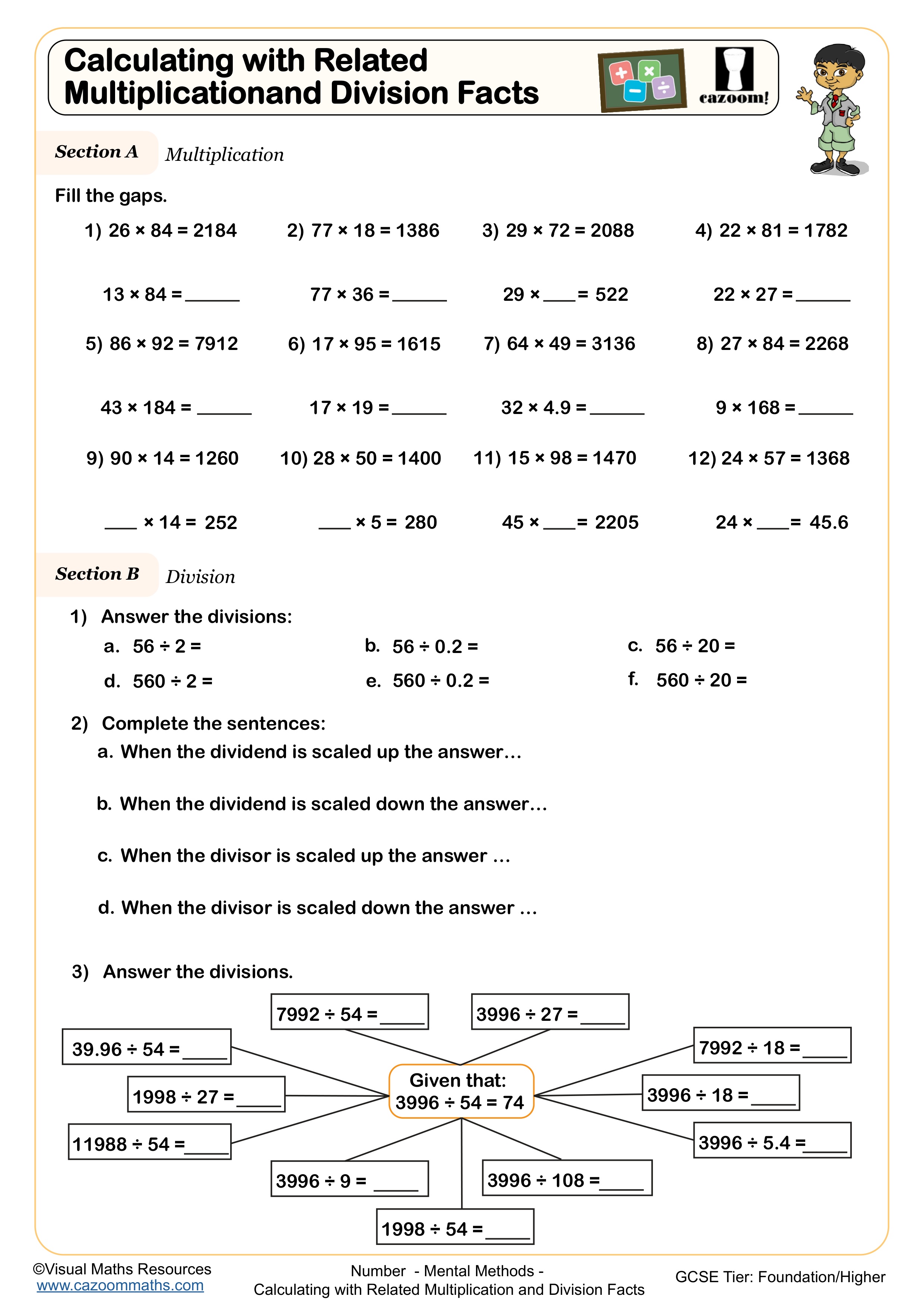 Calculating with Related Multiplication and Division Facts worksheet