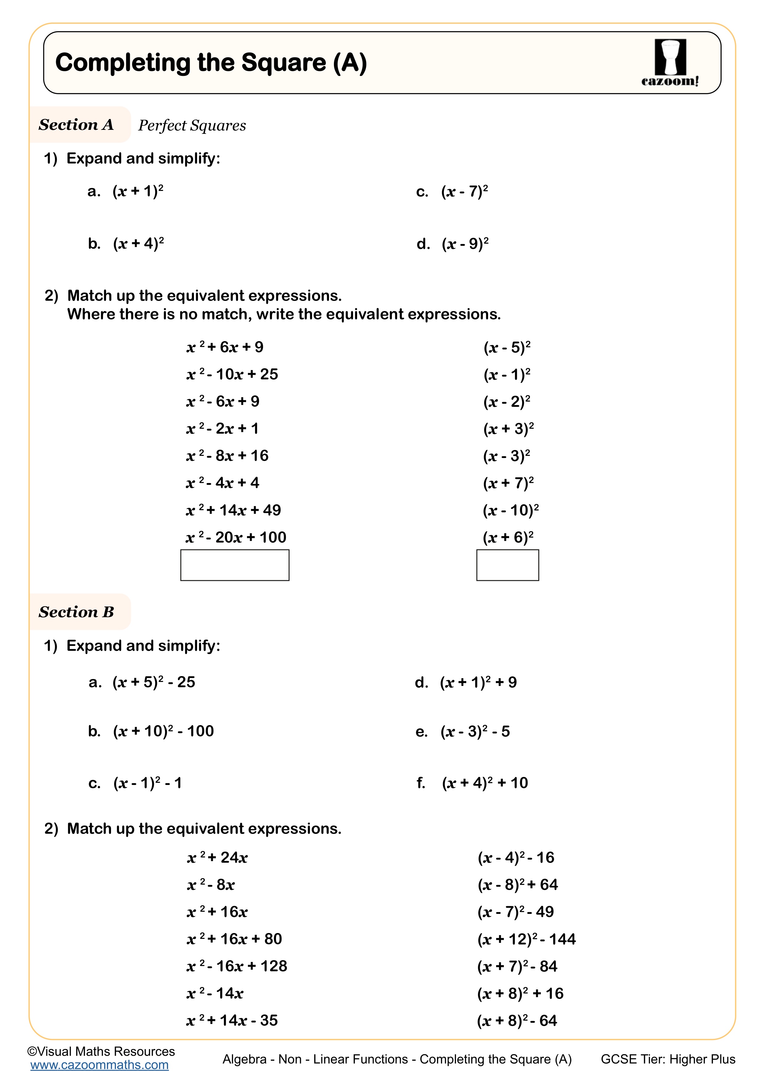 Preview of Completing the Square (A)