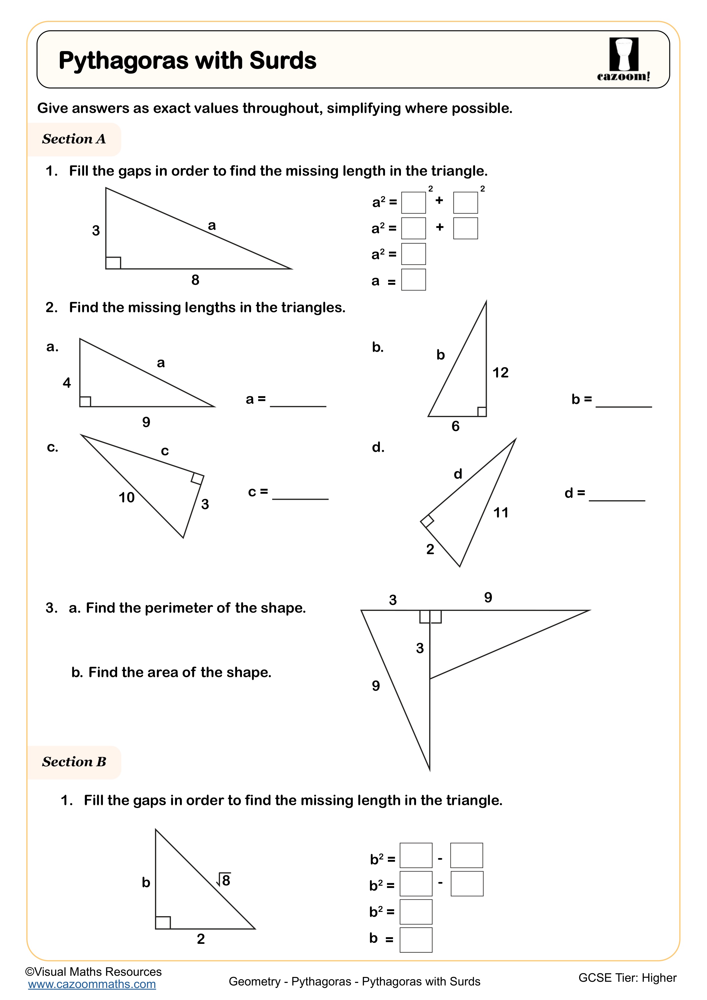 Cazoom Maths Pythagoras Pythagoras With Surds Worksheet