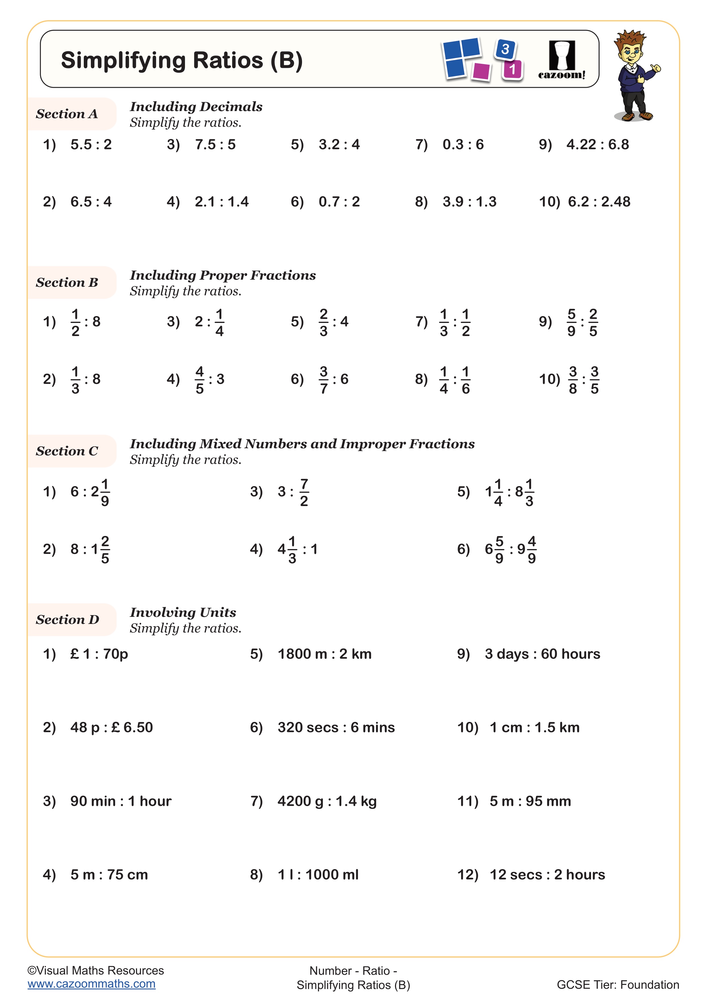 Cazoom Maths Ratio Simplifying Ratios (B) Worksheet