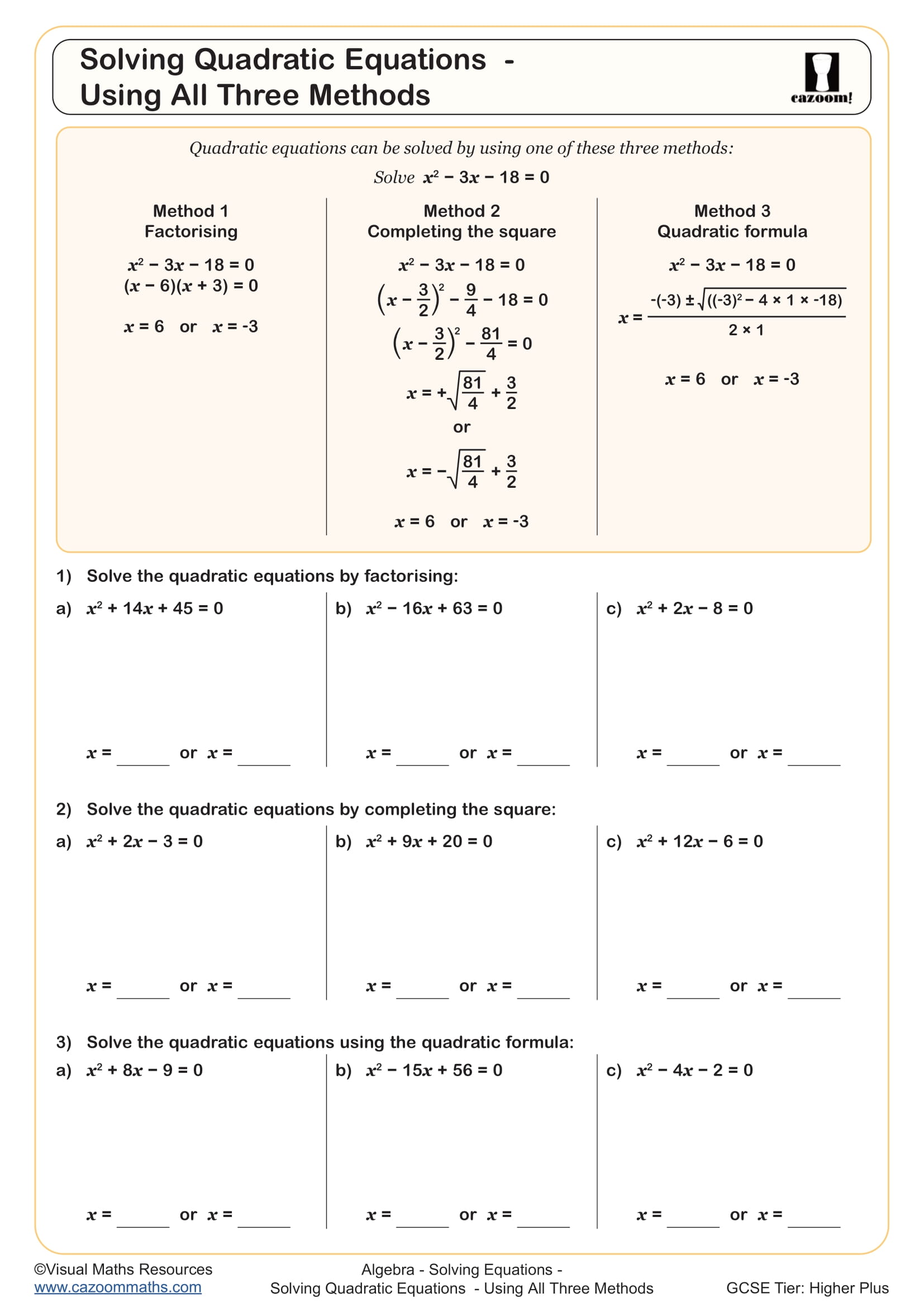 Preview of Solving Quadratic Equations Using All Three Methods