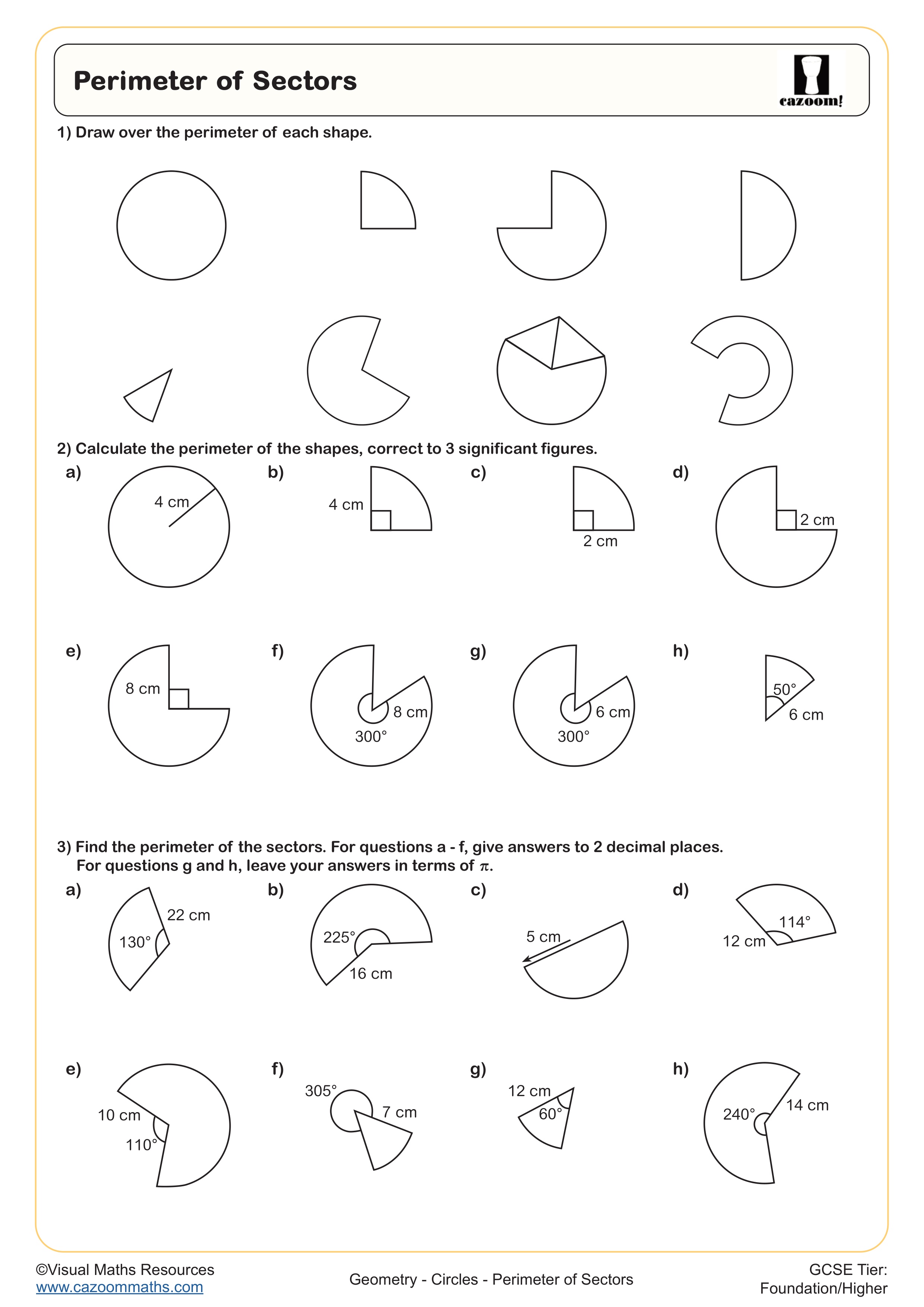 Perimeter of Sectors worksheet