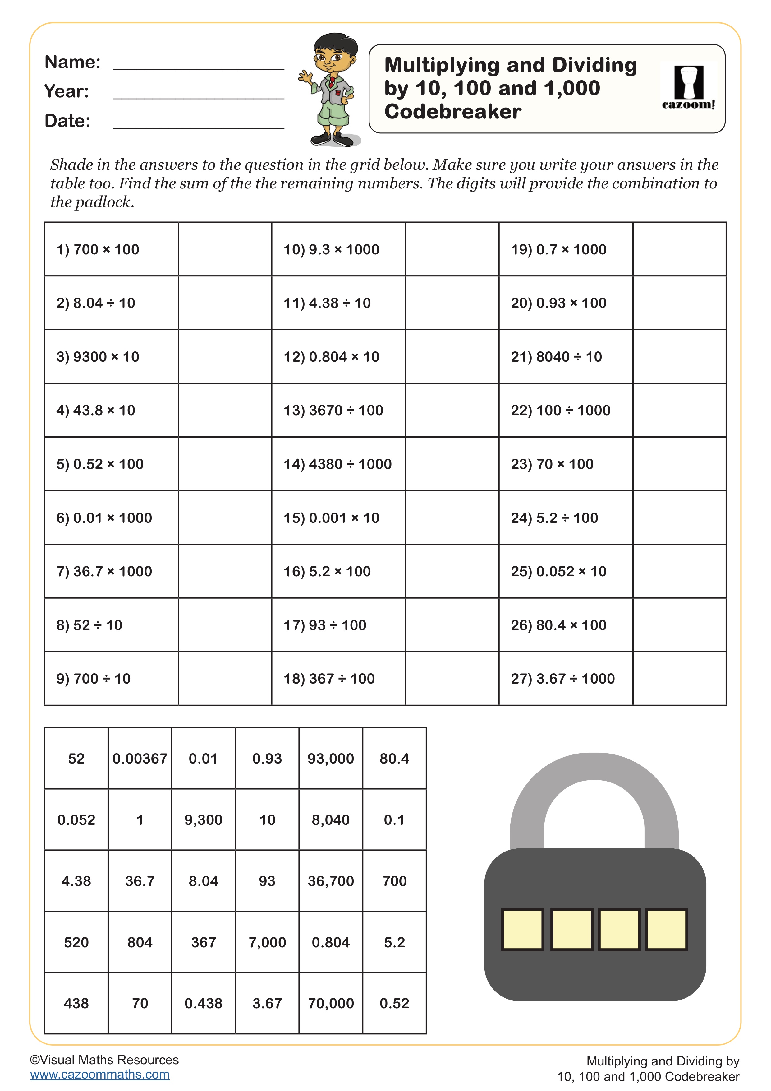 Multiplying and Dividing by 10, 100 and 1,000 Codebreaker Multiplying and Dividing by 10, 100 and 1,000 Codebreaker worksheet