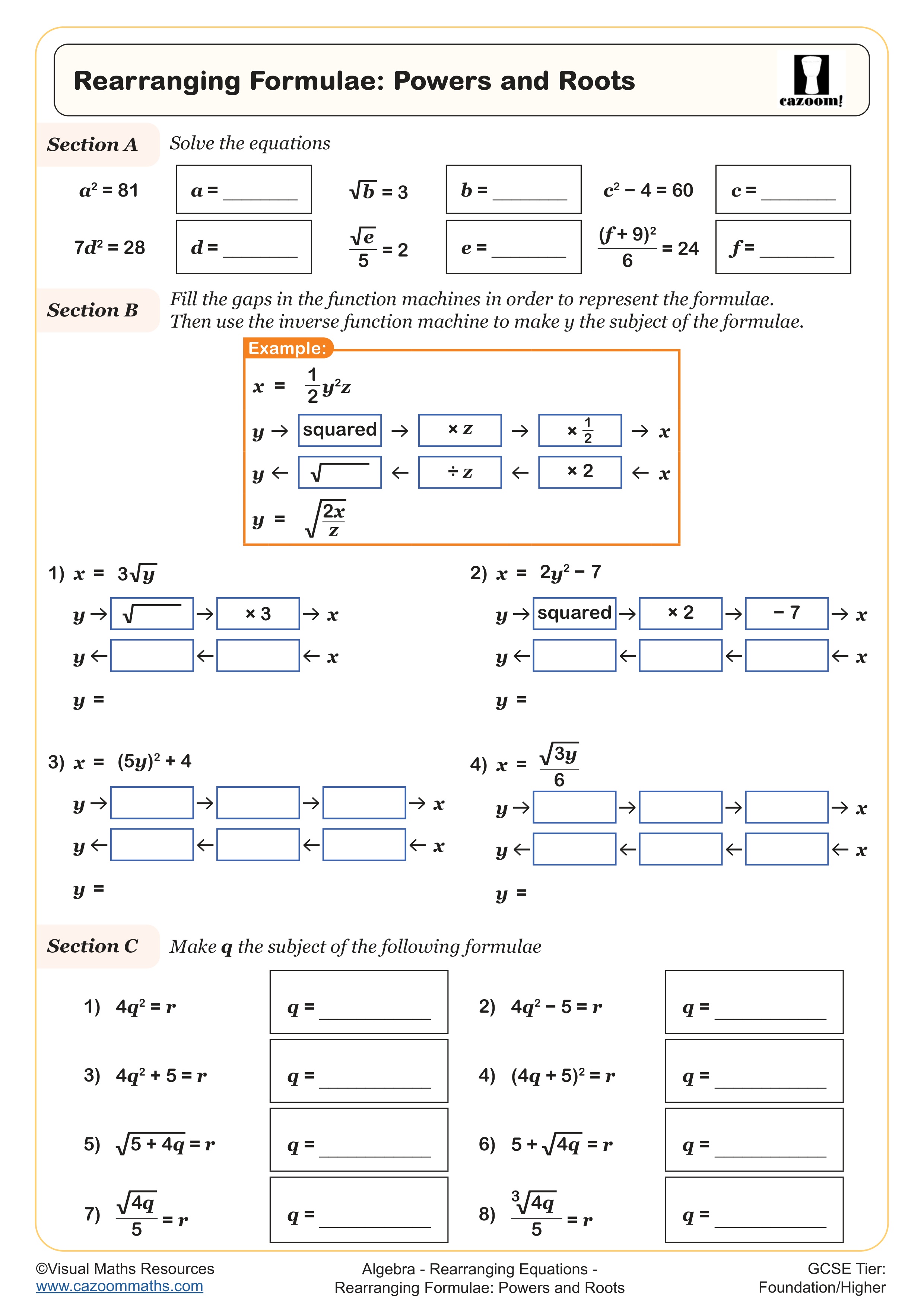 Rearranging Formulae: Powers and Roots worksheet
