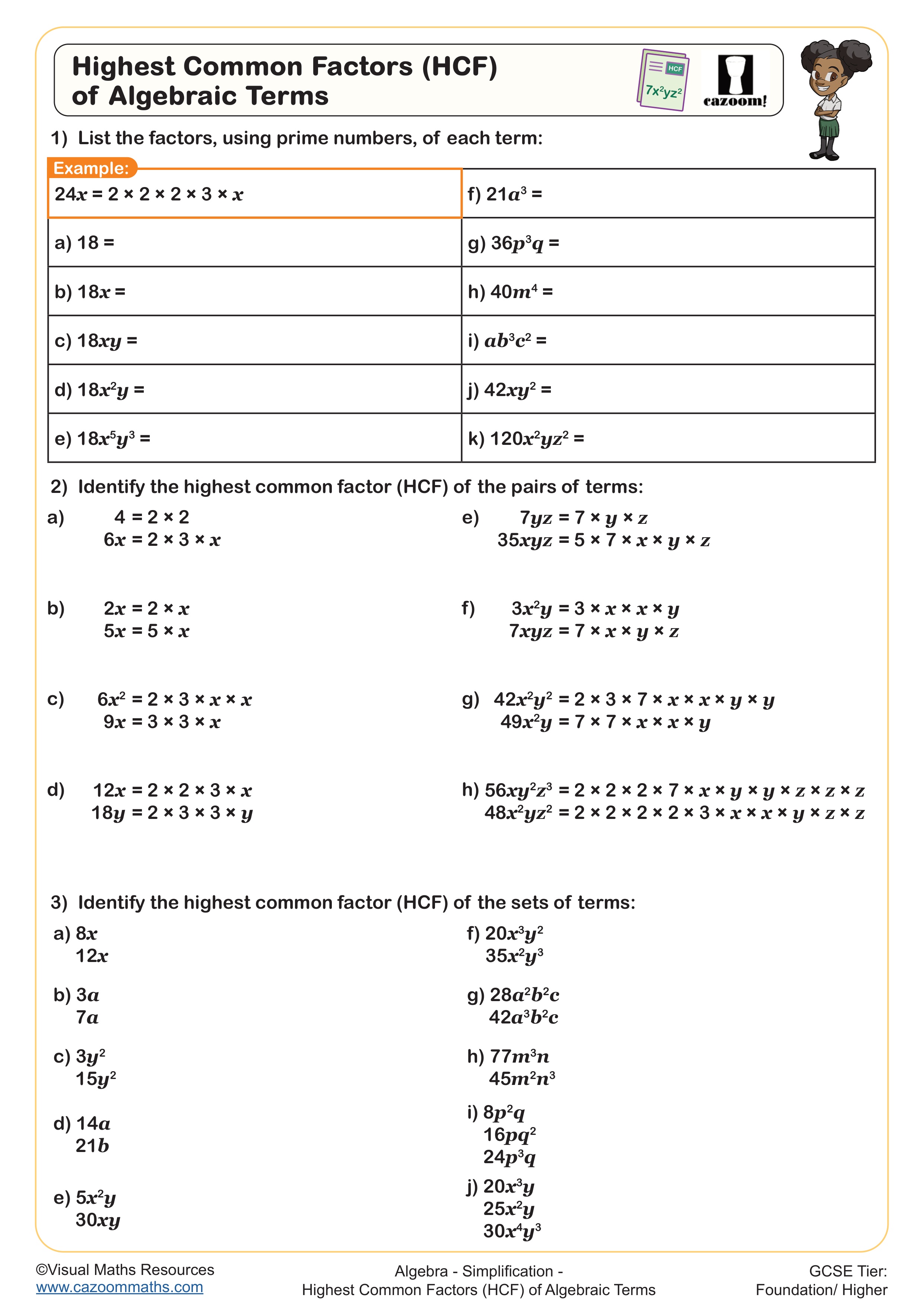 Highest Common Factors (HCF) of Algebraic Terms worksheet