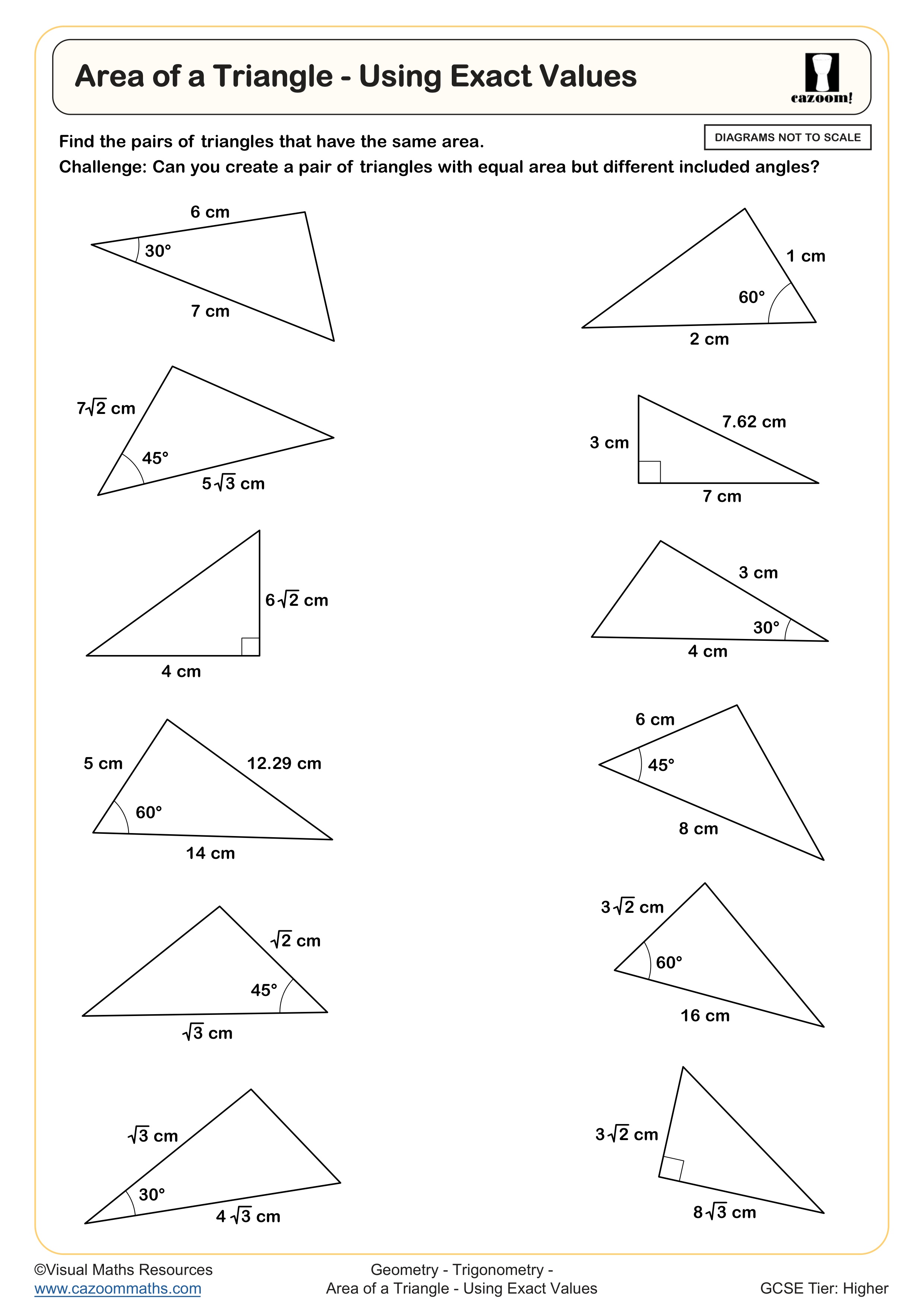 Area of a Triangle - Using Exact Values  worksheet