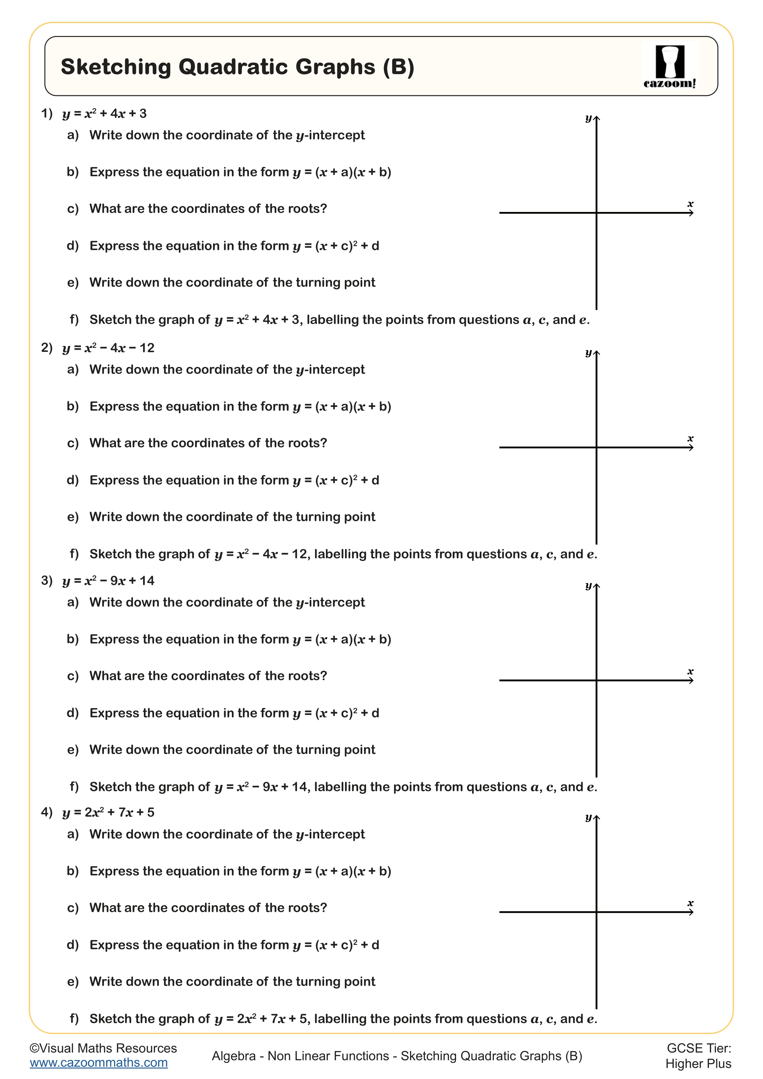 Sketching Quadratic Graphs (B) worksheet