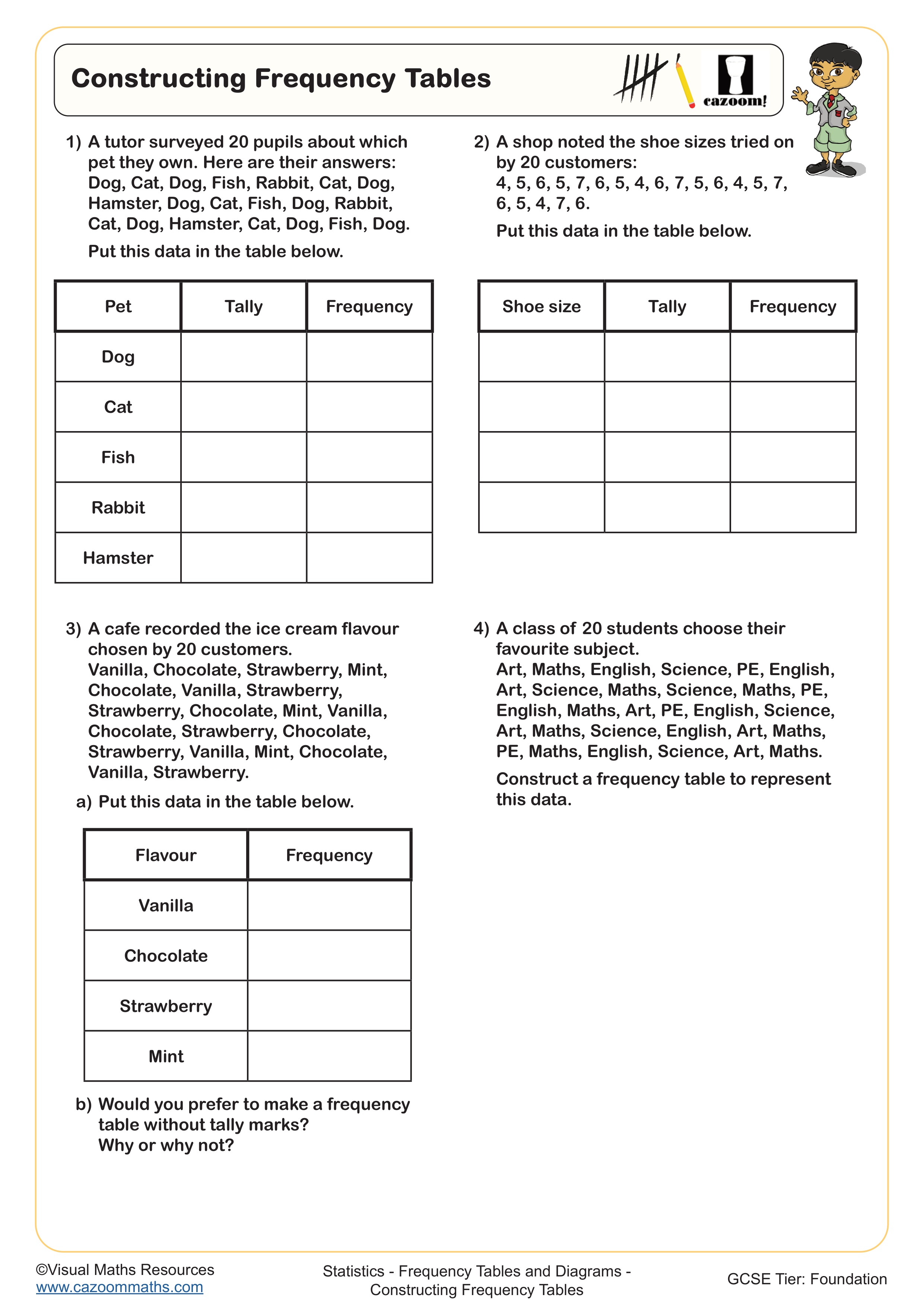 Constructing Frequency Tables Worksheet suitable for Year 7 and Year 8 students