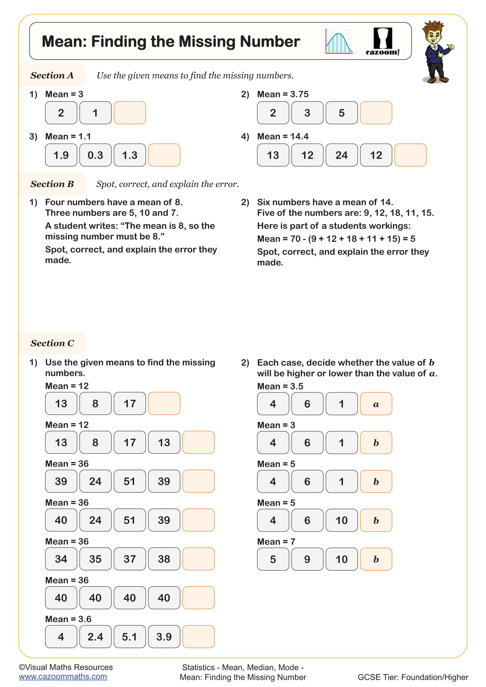Mean Finding the Missing Number Worksheet suitable for Year 8 and Year 9 students
