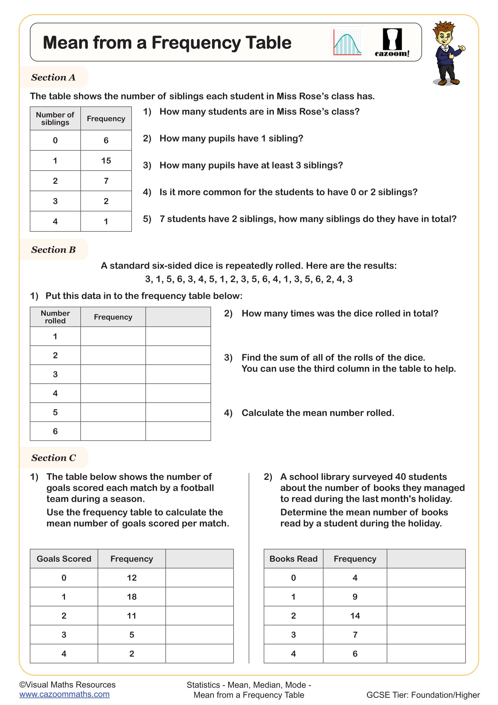 Mean from a Frequency Table Worksheet suitable for Year 8 and Year 9 students
