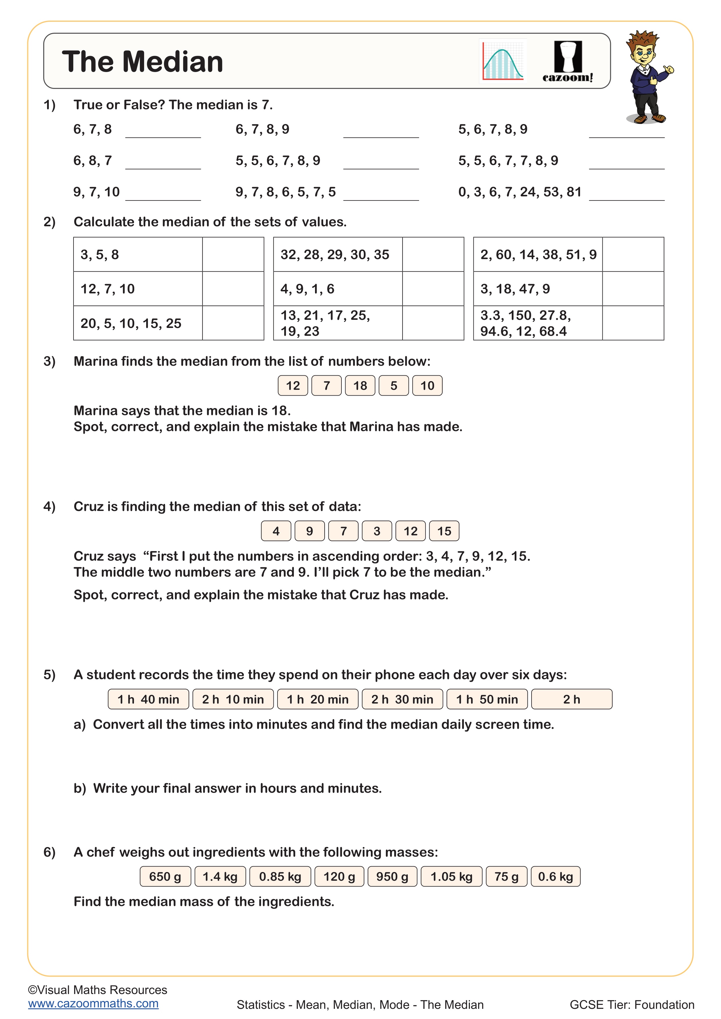 The Median Worksheet suitable for Year 7 and Year 8 students