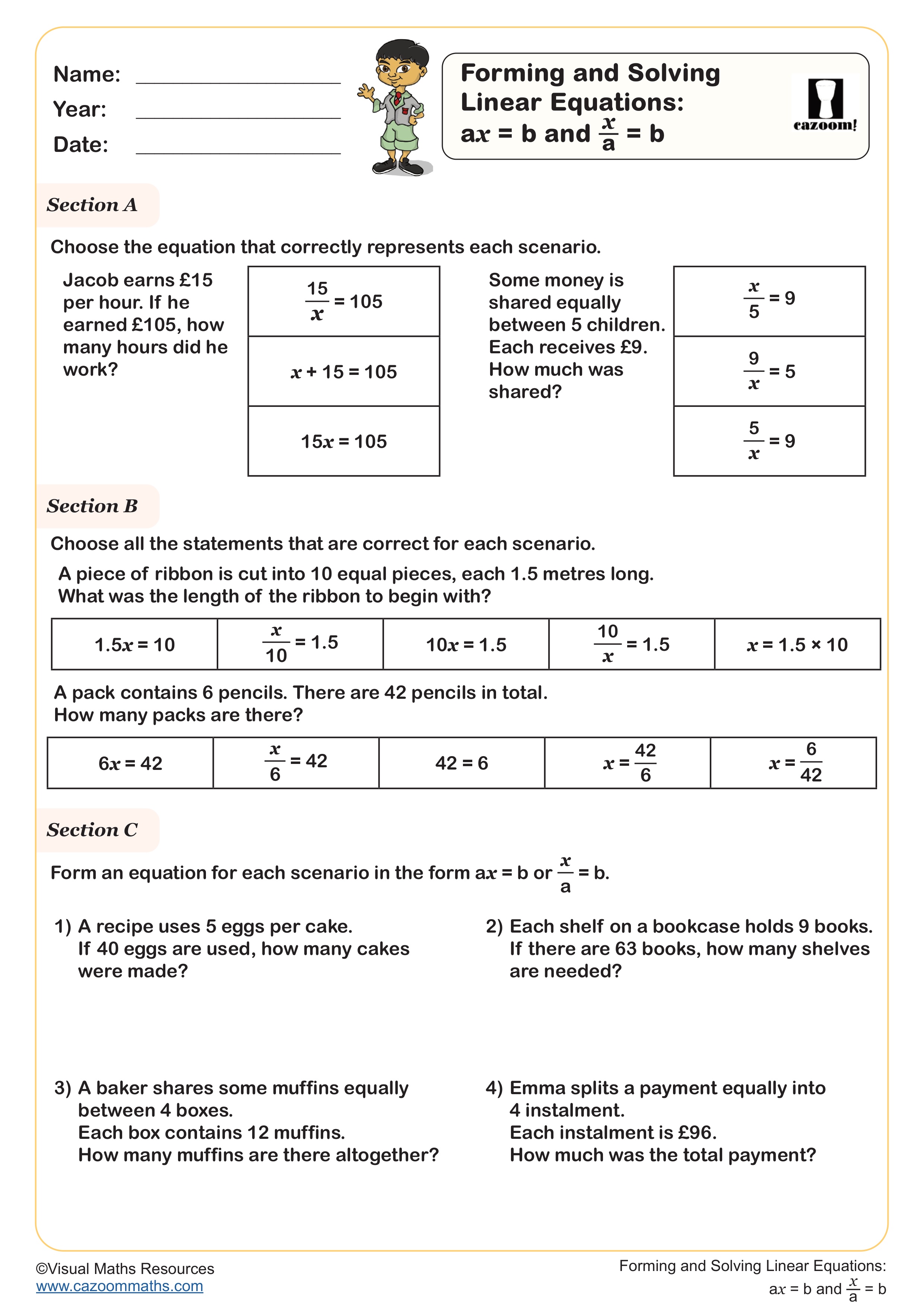 Forming and Solving Linear Equations:  a𝑥 = b and 𝑥/a = b worksheet