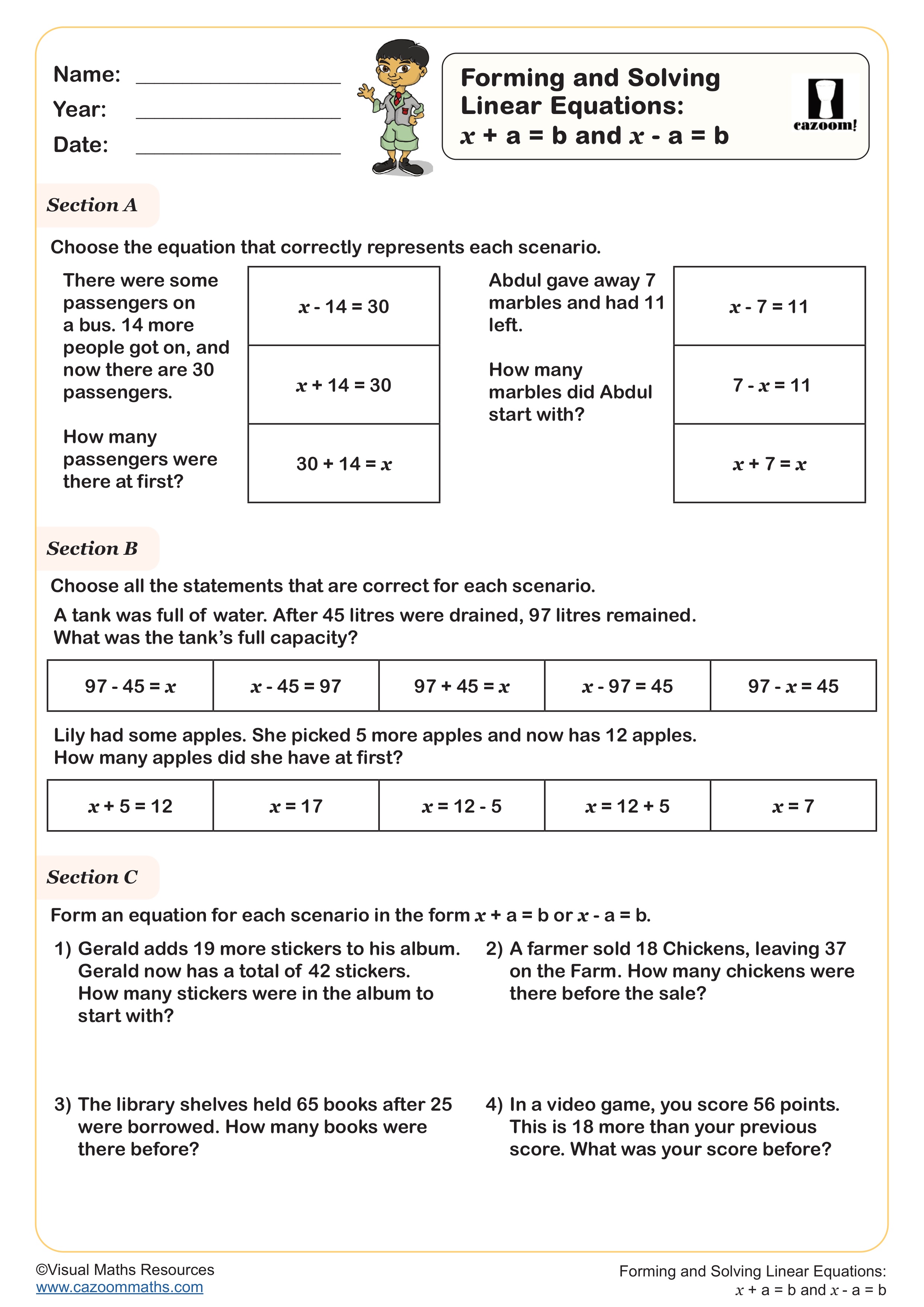 Forming and Solving Linear Equations:  𝑥 + a = b and 𝑥 - a = b worksheet