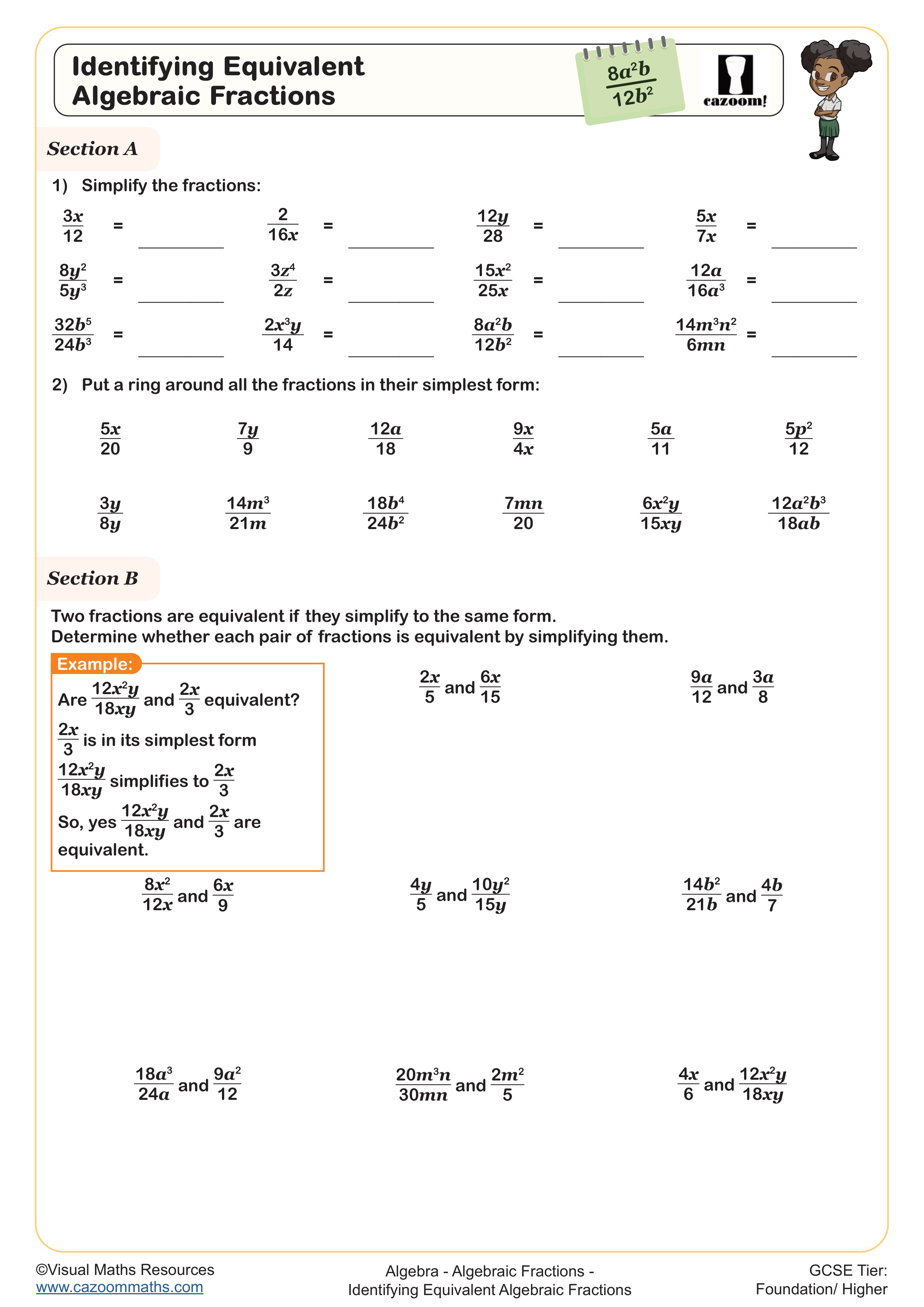 Identifying Equivalent Algebraic Fractions Worksheet suitable for Year 8 and Year 9 students