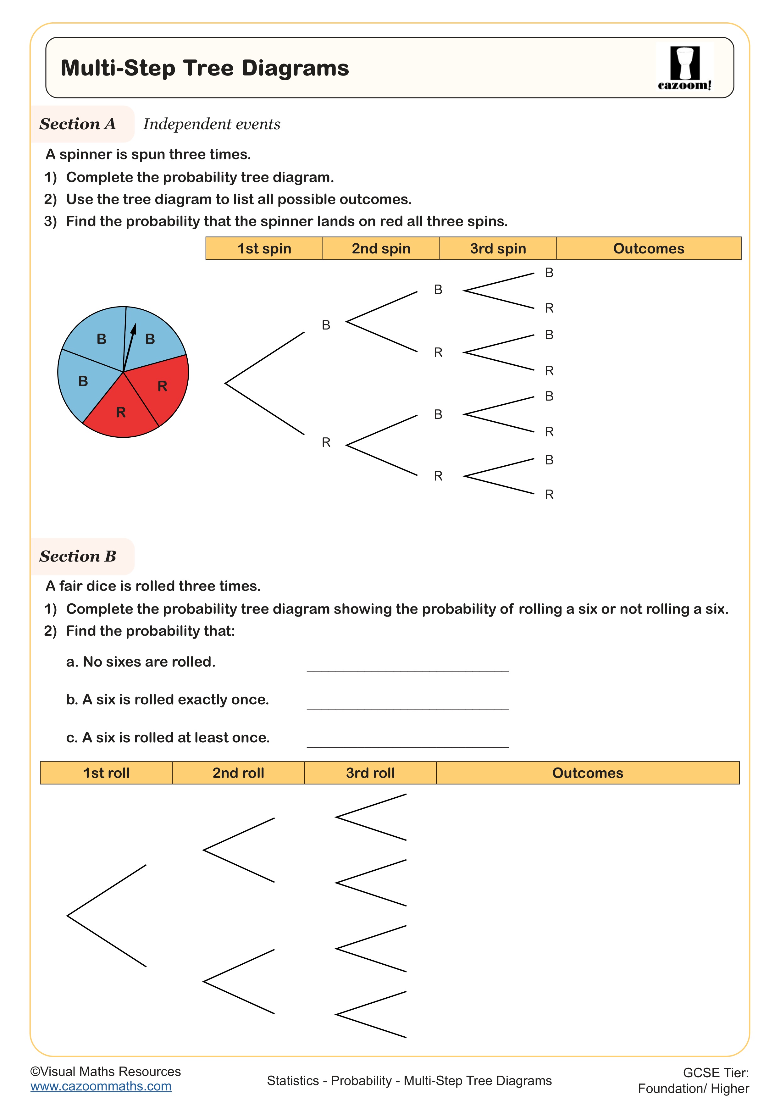 Multi-Step Tree Diagrams Worksheet suitable for Year 10 and Year 11 students