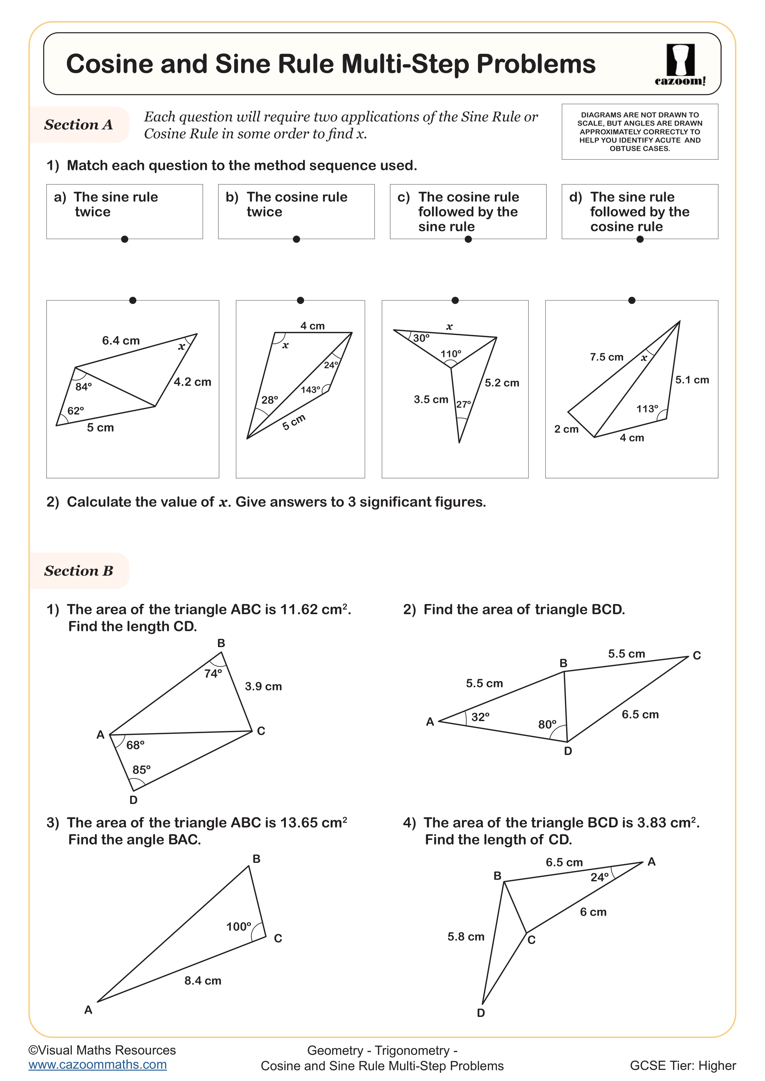 Cosine and Sine Rule Multi Step Problems Worksheet suitable for Year 10 and Year 11 students