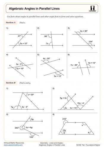 Algebraic Angles in Parallel Lines Worksheet for students in Year 9
