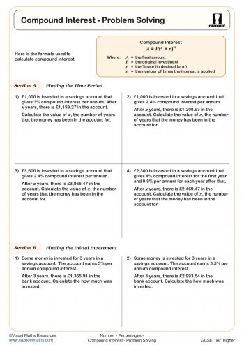 Compound Interest - Problem Solving Worksheet suitable for students in Years 10 and 11,
