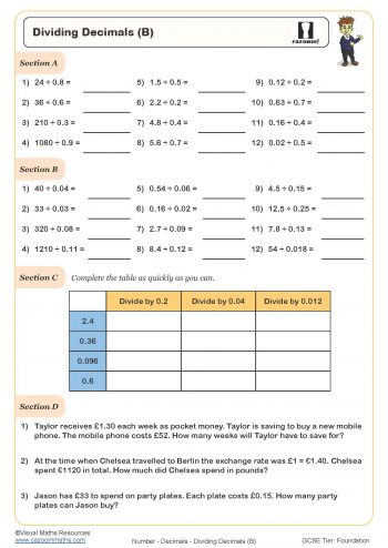 PDF printable dividing decimals worksheet that will help students practice their decimals skills. It contains sets of exercises and worded real-life questions that will introduce students to real-life concepts such as mobile phone costs, exchange rates and shopping.