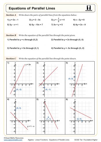 Free Equations of parallel lines Worksheet fit for students in year 8 and year 9
