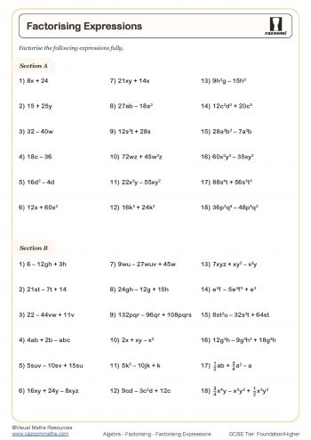 KS3 and KS4 Factorising Quadratics Worksheets - Quadratic Factorisation  Worksheets - Printable Factorising Worksheets | Cazoom Maths