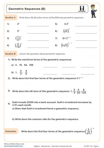 Geometric Sequences Worksheet suitable for students in KS3 and KS4