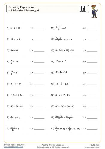 Solving Equations 15 Minute Challenge Worksheet created for students in KS3