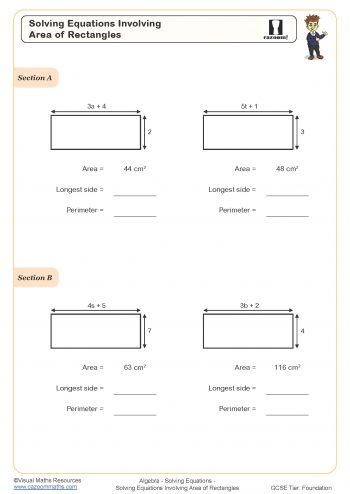 Solving Equations Involving Area of Rectangles Worksheet fit for students in year 8 and year 9