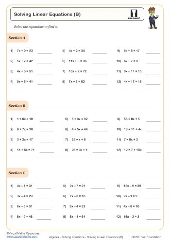 Solving Linear Equations Worksheet fit for students in year 7 and year 8