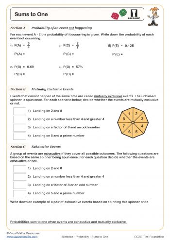 Sums to One Worksheet suitable for students in KS3