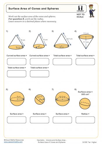 Surface Area of Cones and Spheres Worksheet perfect for students in year 9 and year 10