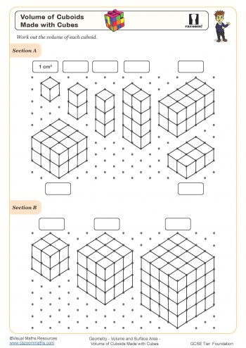 Volume of Cuboids made with Cubes Worksheet suitable for students in KS3