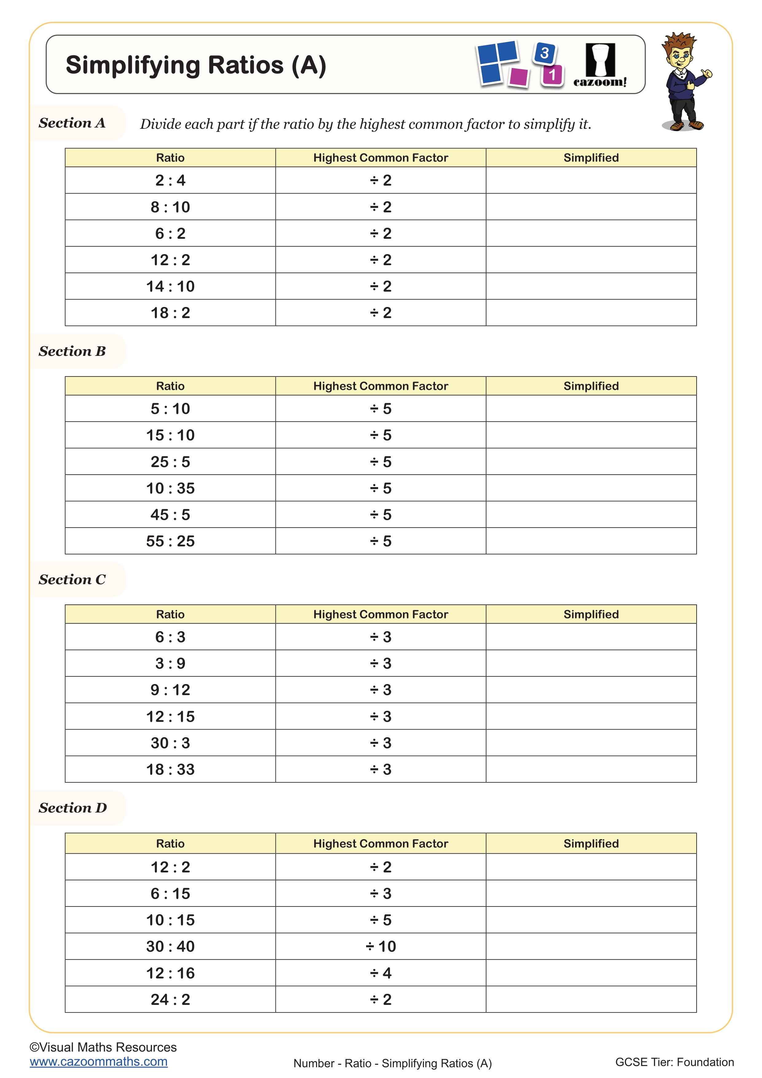 Simplifying Ratios (A) worksheet